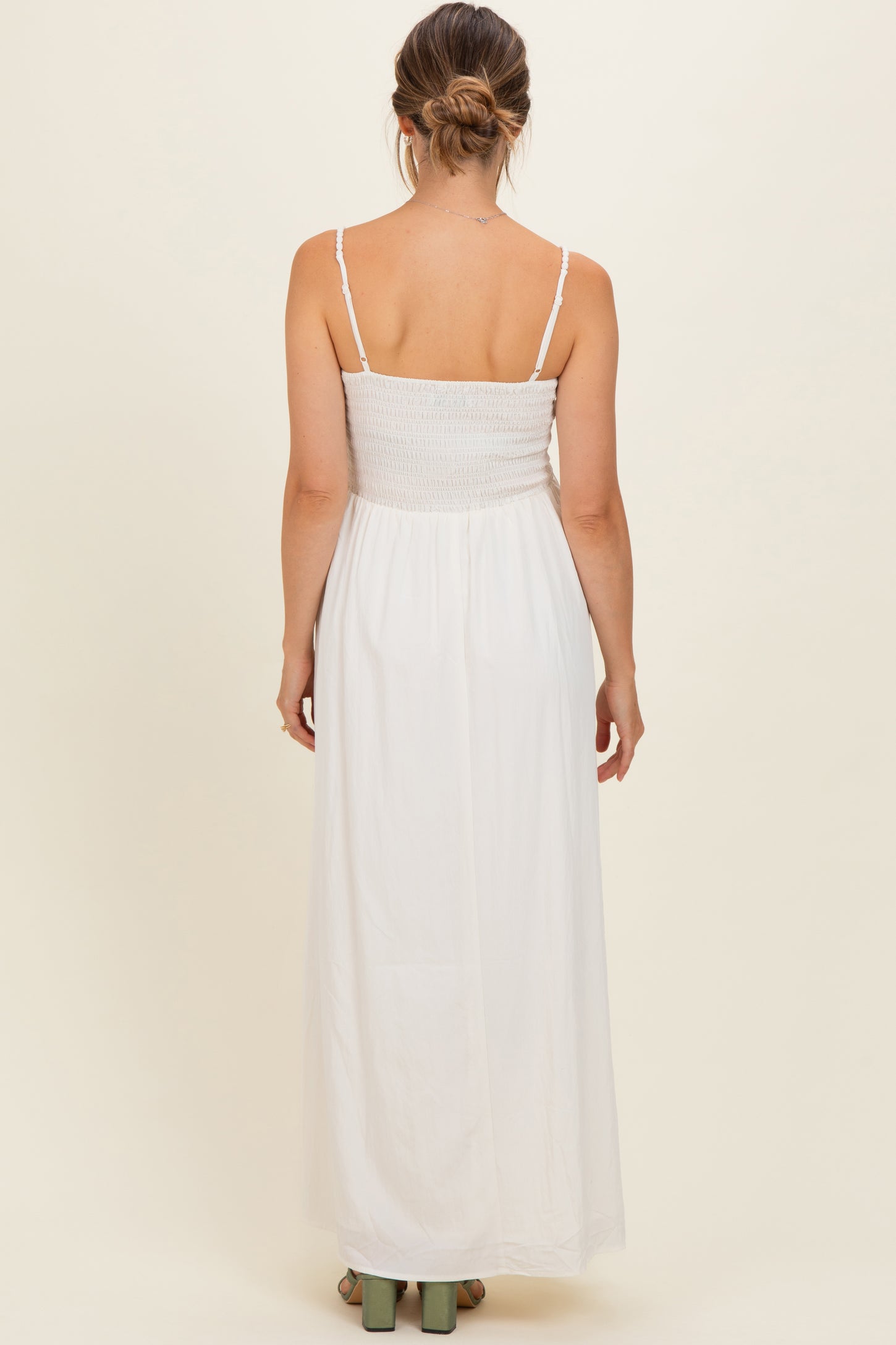 Off White Pom Pom Strap Smocked Maternity Maxi Dress