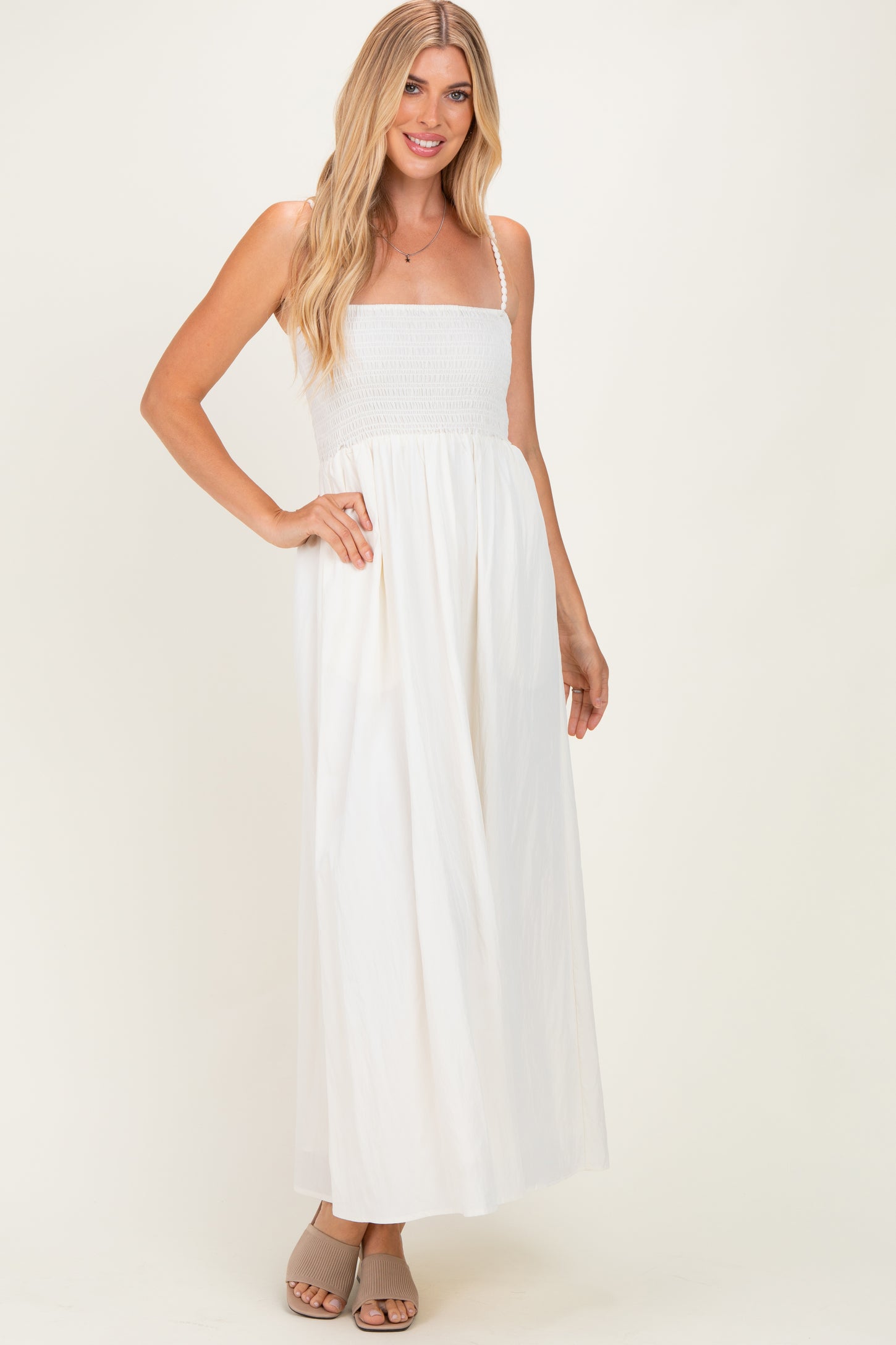 Off White Pom Pom Strap Smocked Maternity Maxi Dress