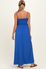 Capri Blue Pom Pom Strap Smocked Maternity Maxi Dress