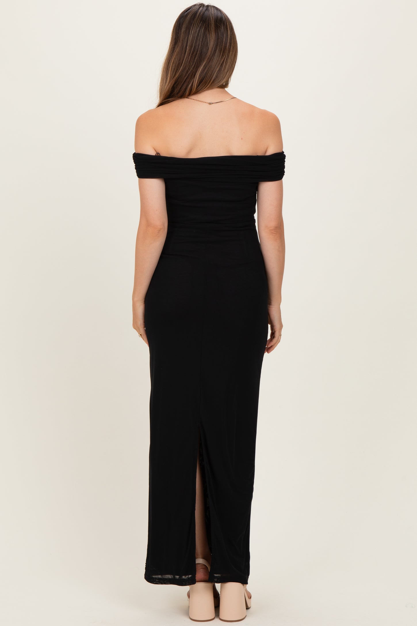 Black Off Shoulder Mesh Maternity Maxi Dress
