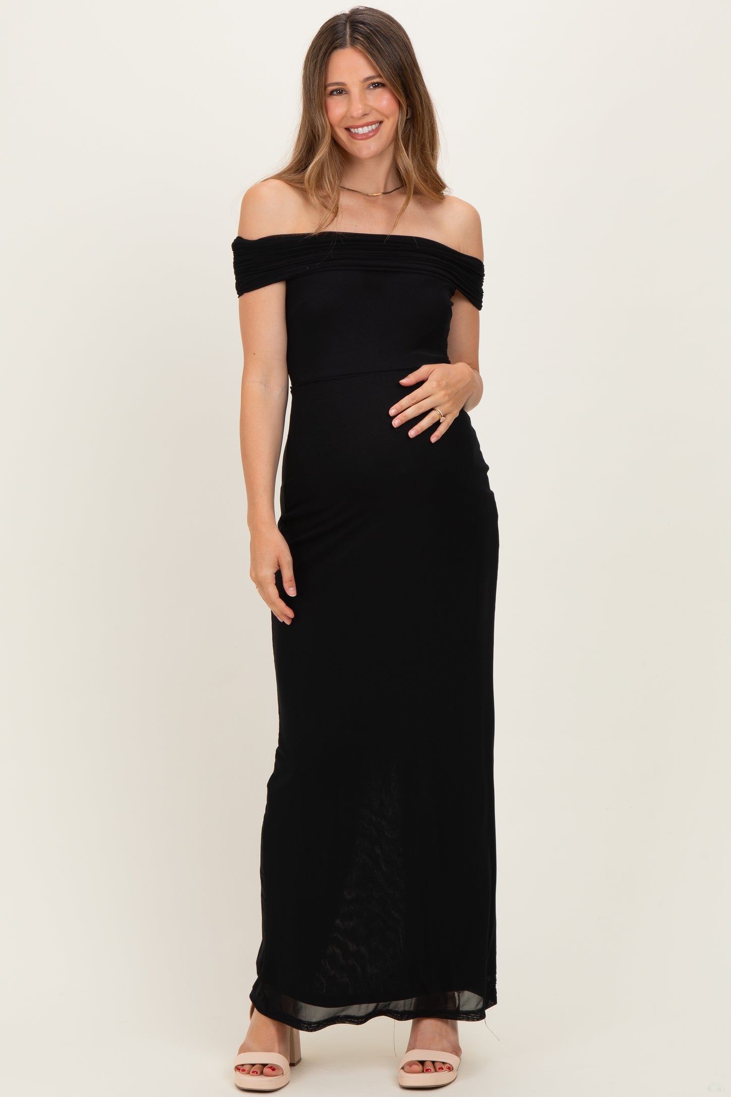 Black Off Shoulder Mesh Maternity Maxi Dress