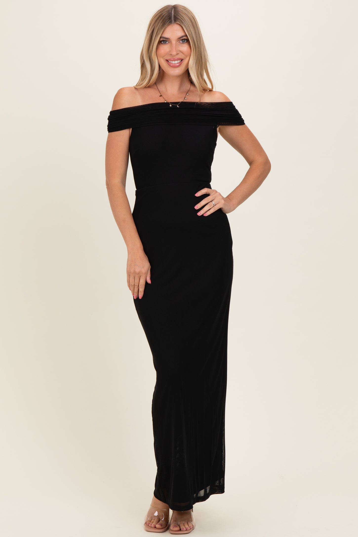 Black Off Shoulder Mesh Maternity Maxi Dress