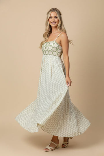 Green Floral Crochet Bodice Maxi Dress