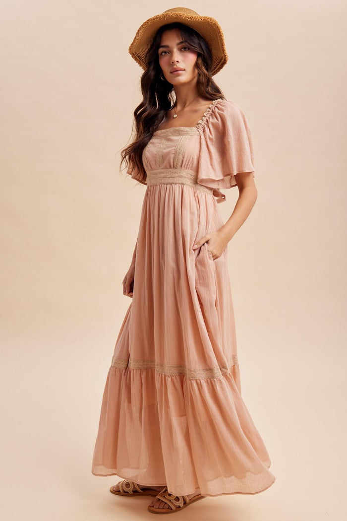 Dusty Pink Lace Accent Flutter Sleeve Maxi Dress