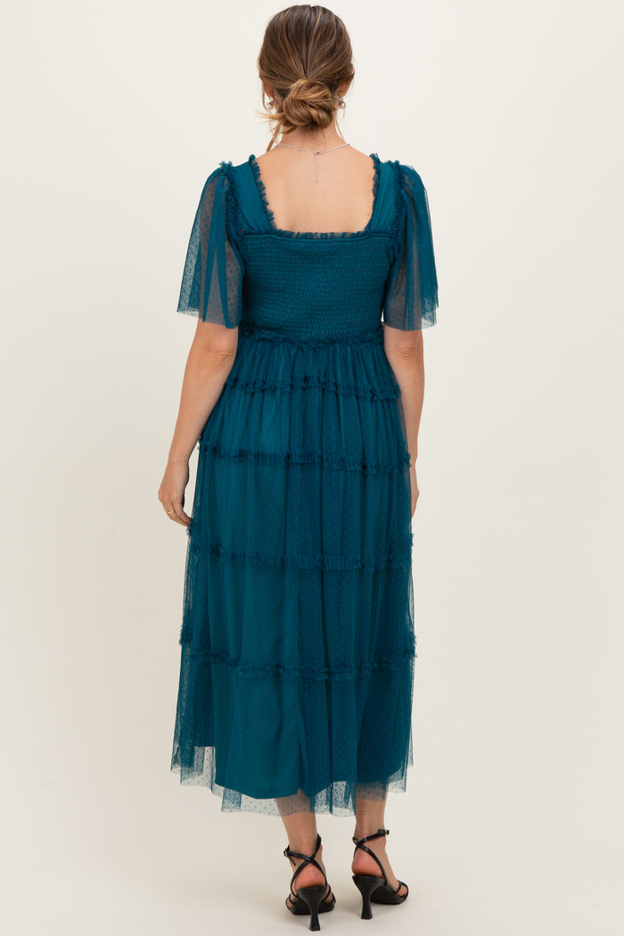 Teal Ruffled Mesh Maternity Maxi Dress