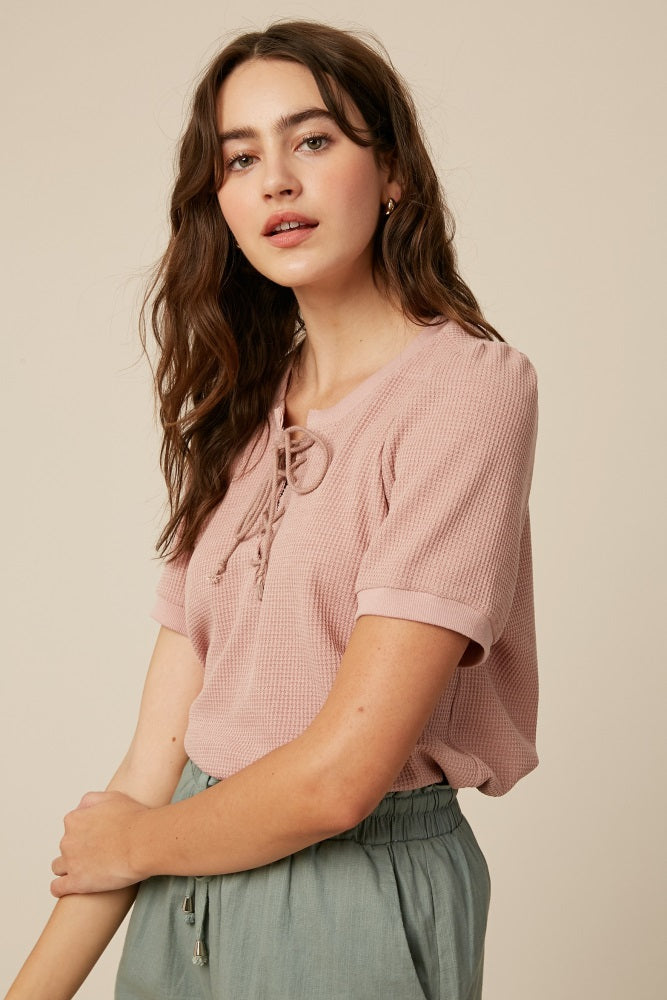 Blush Waffle Knit Lace-Up Top