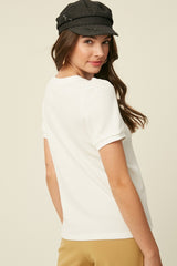 Ivory Waffle Knit Lace-Up Top