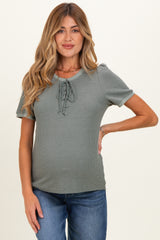 Olive Waffle Knit Lace-Up Maternity Top