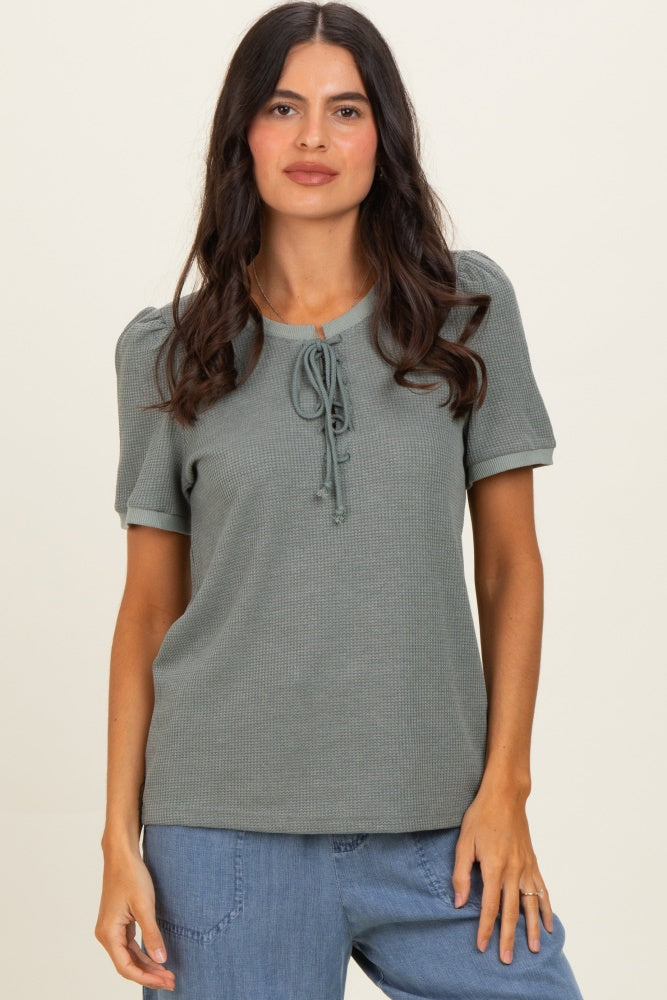 Olive Waffle Knit Lace-Up Top