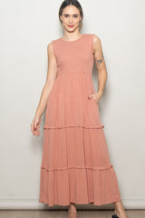 Mauve Smocked Sleeveless Tiered Maternity Maxi Dress
