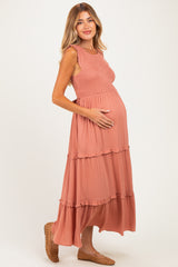 Mauve Smocked Sleeveless Tiered Maternity Maxi Dress