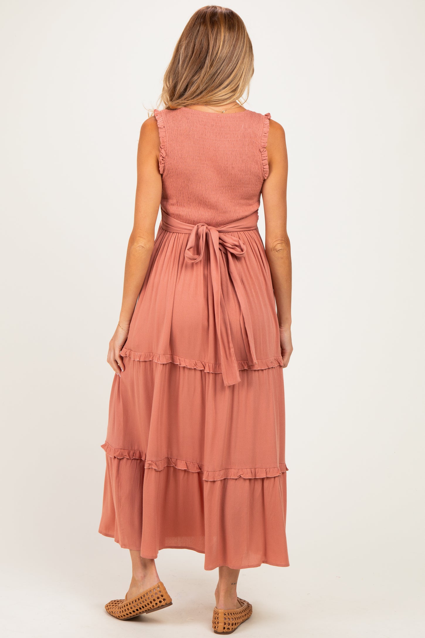 Mauve Smocked Sleeveless Tiered Maternity Maxi Dress