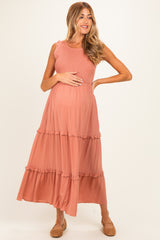Mauve Smocked Sleeveless Tiered Maternity Maxi Dress