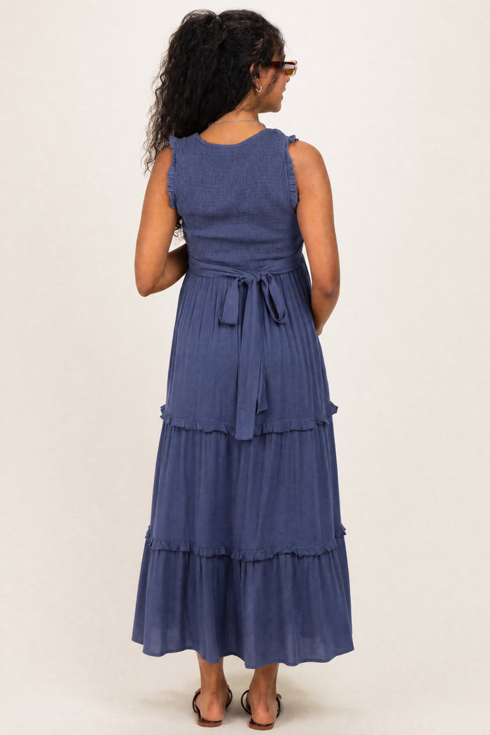 Light Navy Smocked Sleeveless Tiered Maternity Maxi Dress