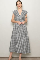 Black Gingham Twist Front Maternity Midi Dress