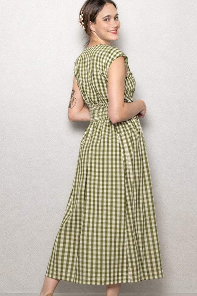 Olive Gingham Twist Front Midi Dress