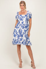 Blue Floral Puff Sleeve Maternity Dress