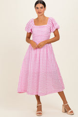 Pink Gingham Puff Sleeve Midi Dress