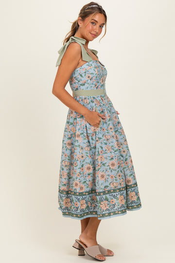Dusty Blue Floral Shoulder Tie Button Down Midi Dress