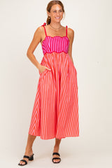 Red Striped Colorblock Scallop Detail Maternity Midi Dress