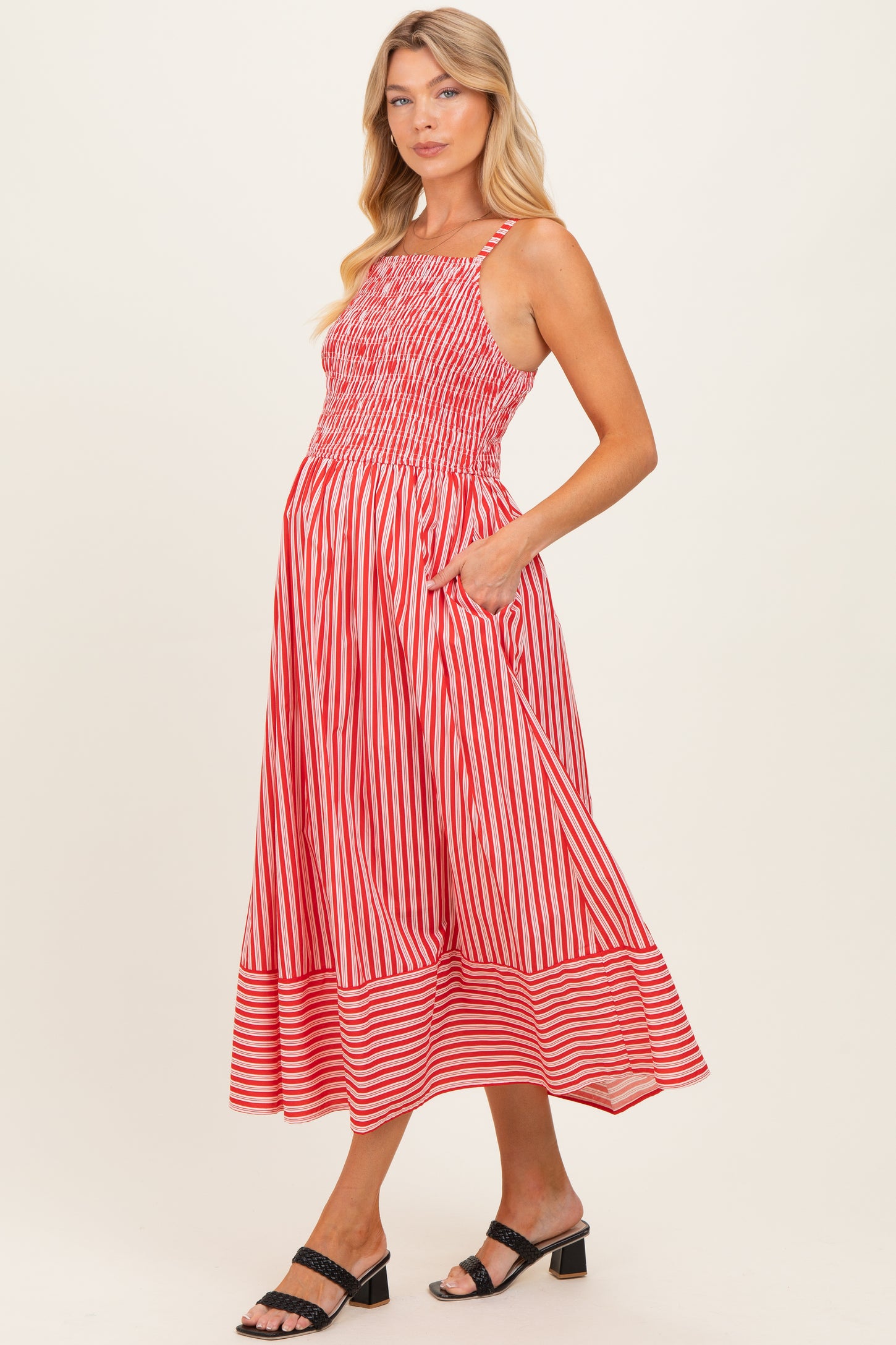 Red Striped Smocked Maternity Midi Dress