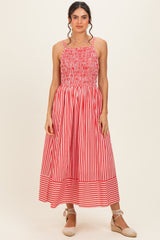 Red Striped Smocked Midi Dress