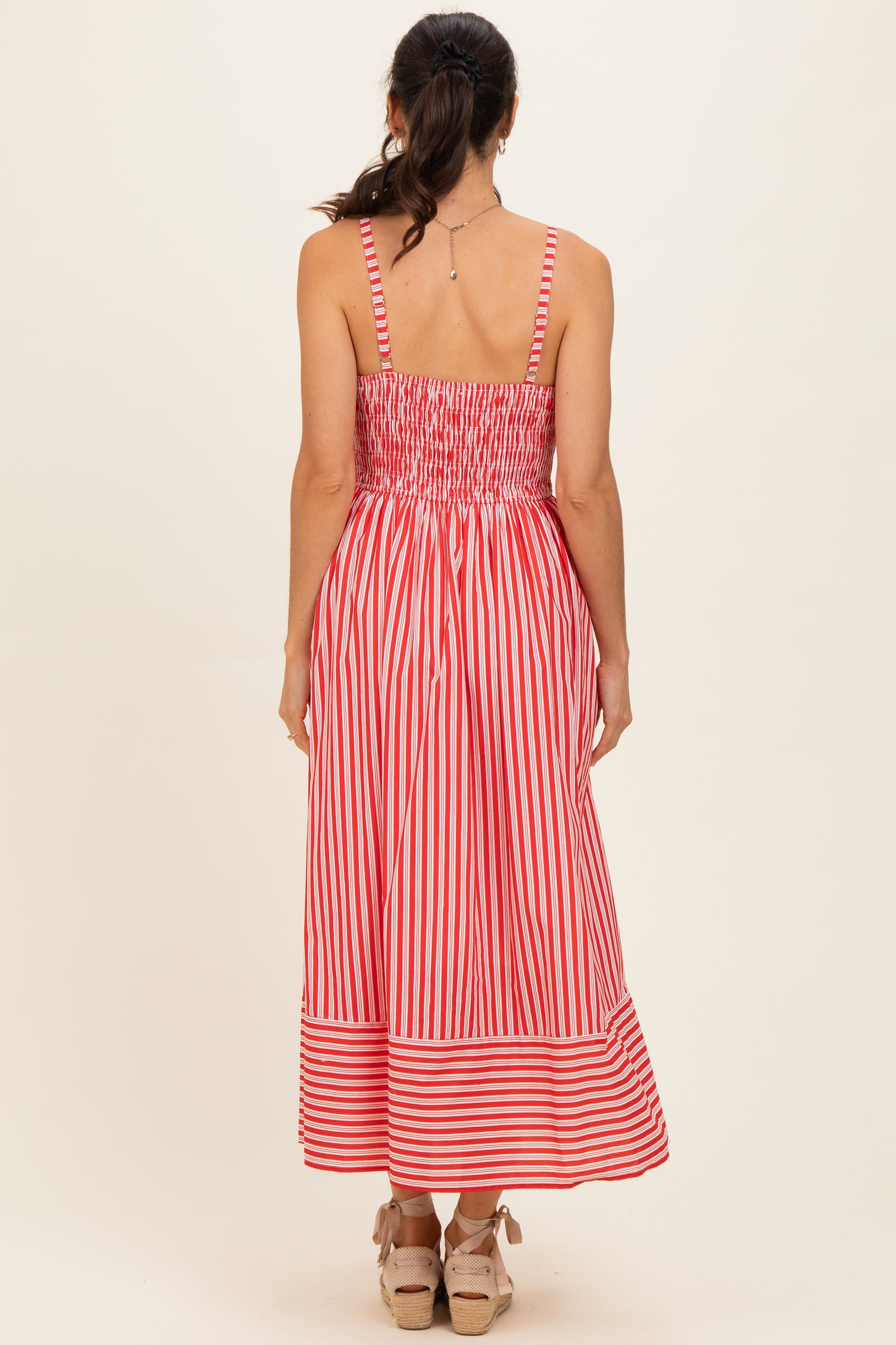 Red Striped Smocked Midi Dress