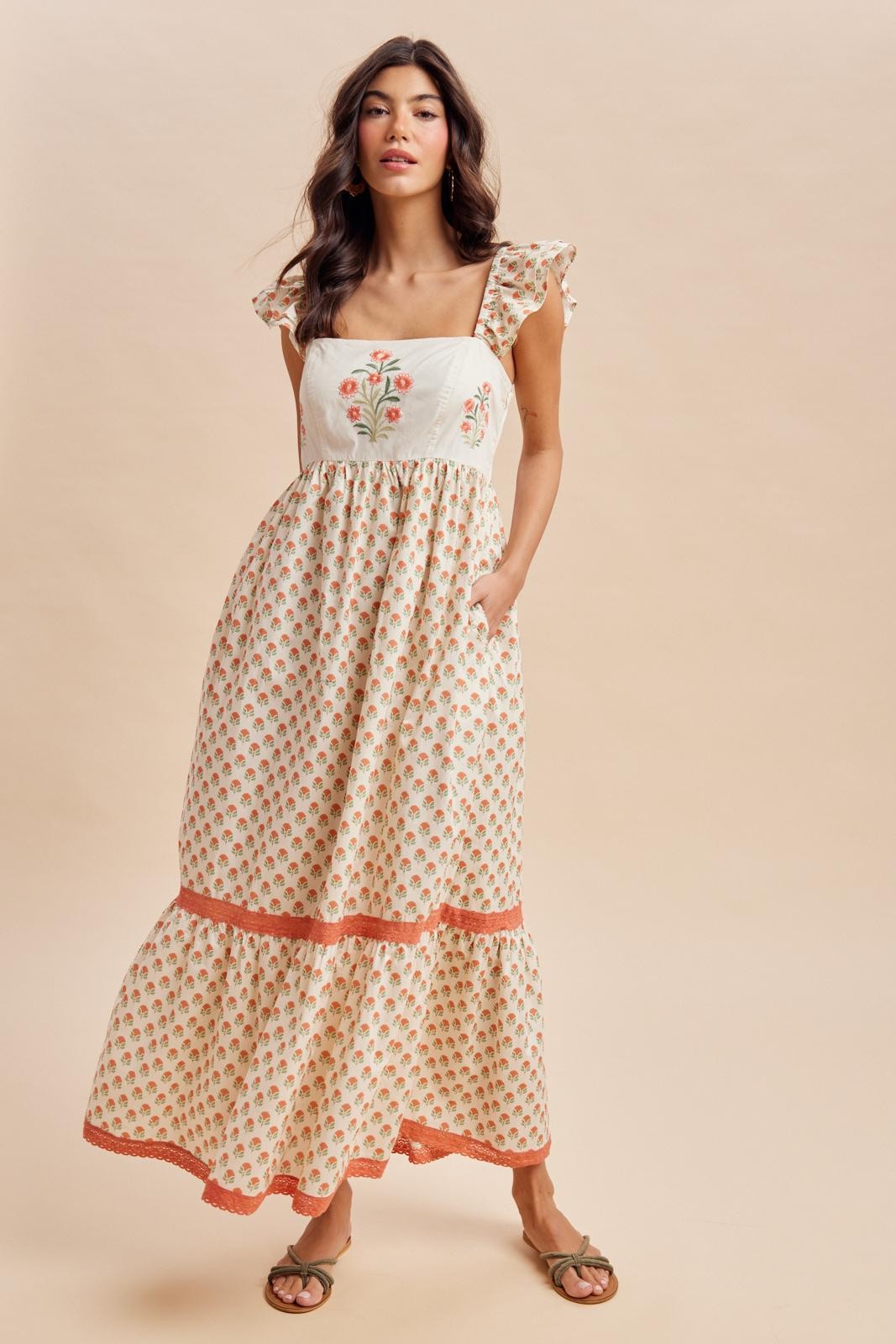 Coral Floral Embroidered Maxi Dress