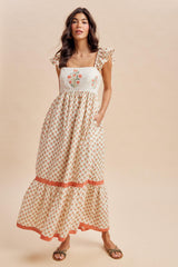 Coral Floral Embroidered Maxi Dress