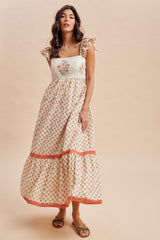 Coral Floral Embroidered Maxi Dress