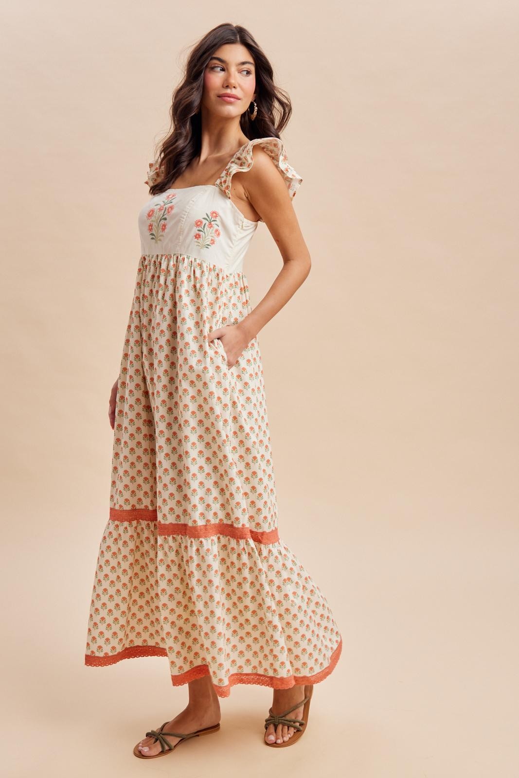 Coral Floral Embroidered Maxi Dress
