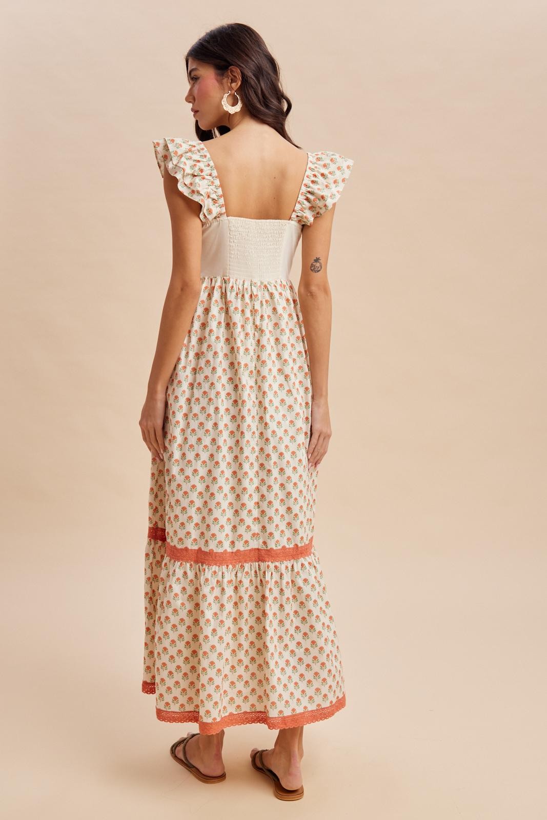 Coral Floral Embroidered Maxi Dress