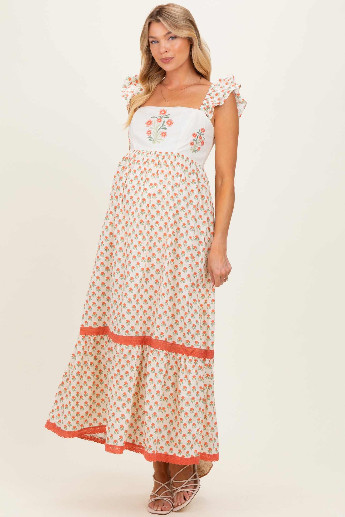 Coral Floral Embroidered Maternity Maxi Dress