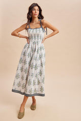 Off White Floral Smocked Shoulder Tie Maxi Dress