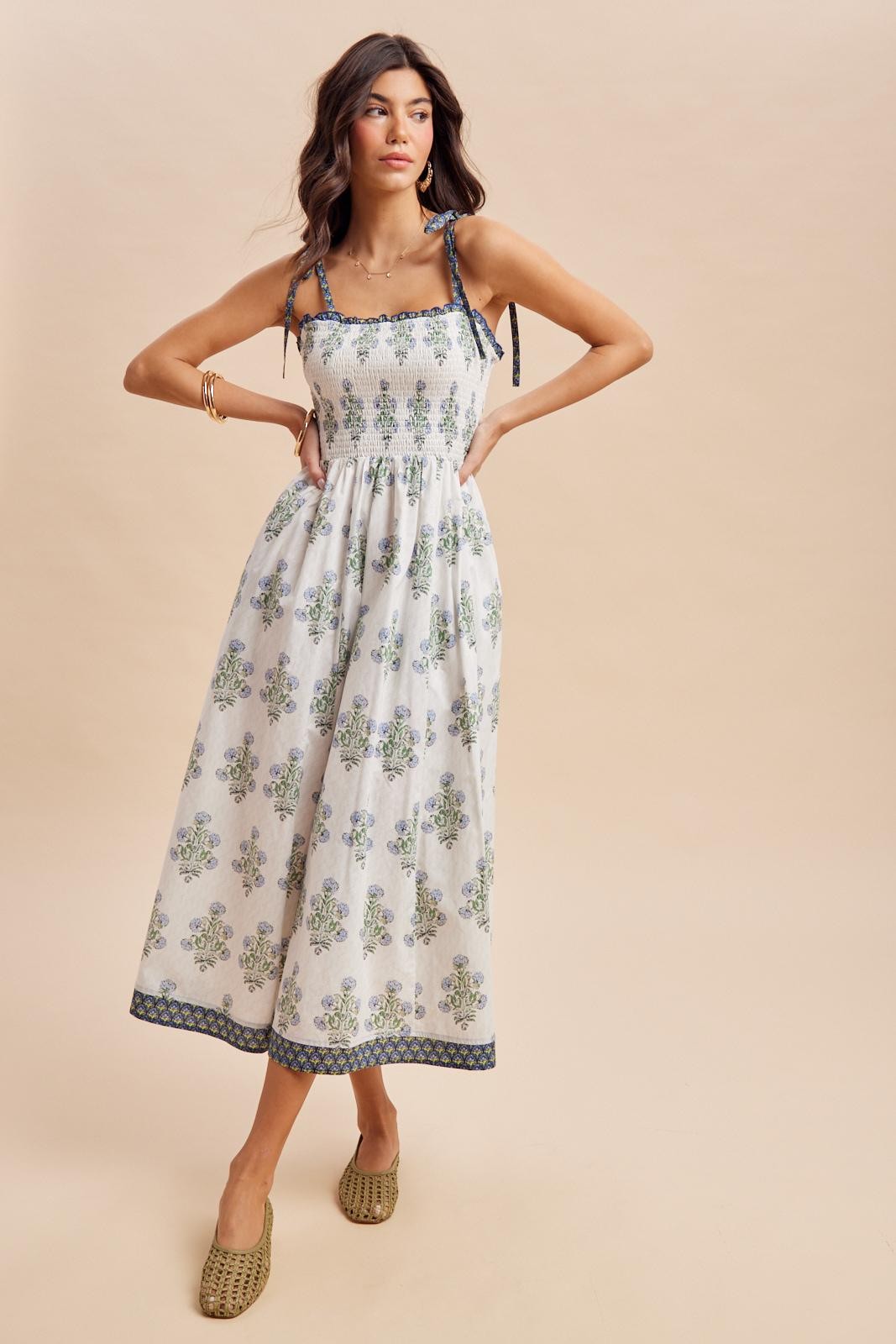 Off White Floral Smocked Shoulder Tie Maxi Dress