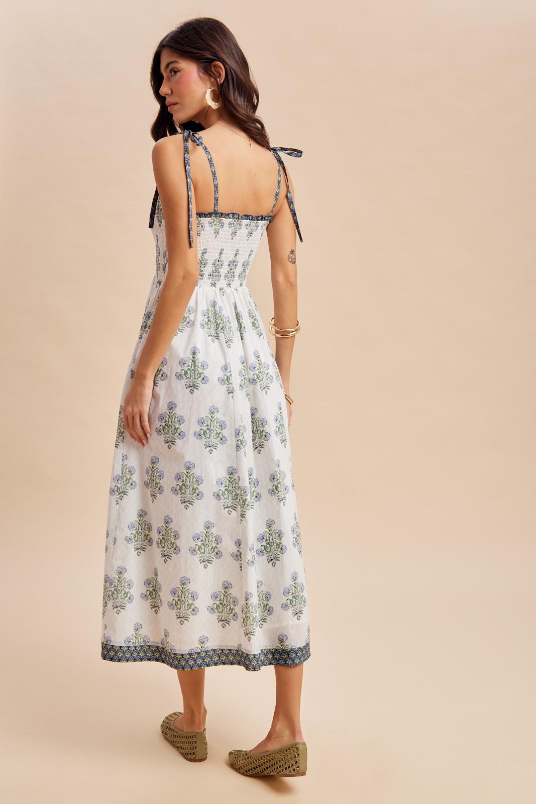 Off White Floral Smocked Shoulder Tie Maxi Dress