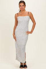 Off White Textured Stripe Beaded Strap Maxi Dress