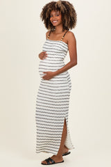 Off White Textured Stripe Beaded Strap Maternity Maxi Dress