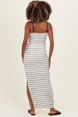 Off White Textured Stripe Beaded Strap Maternity Maxi Dress