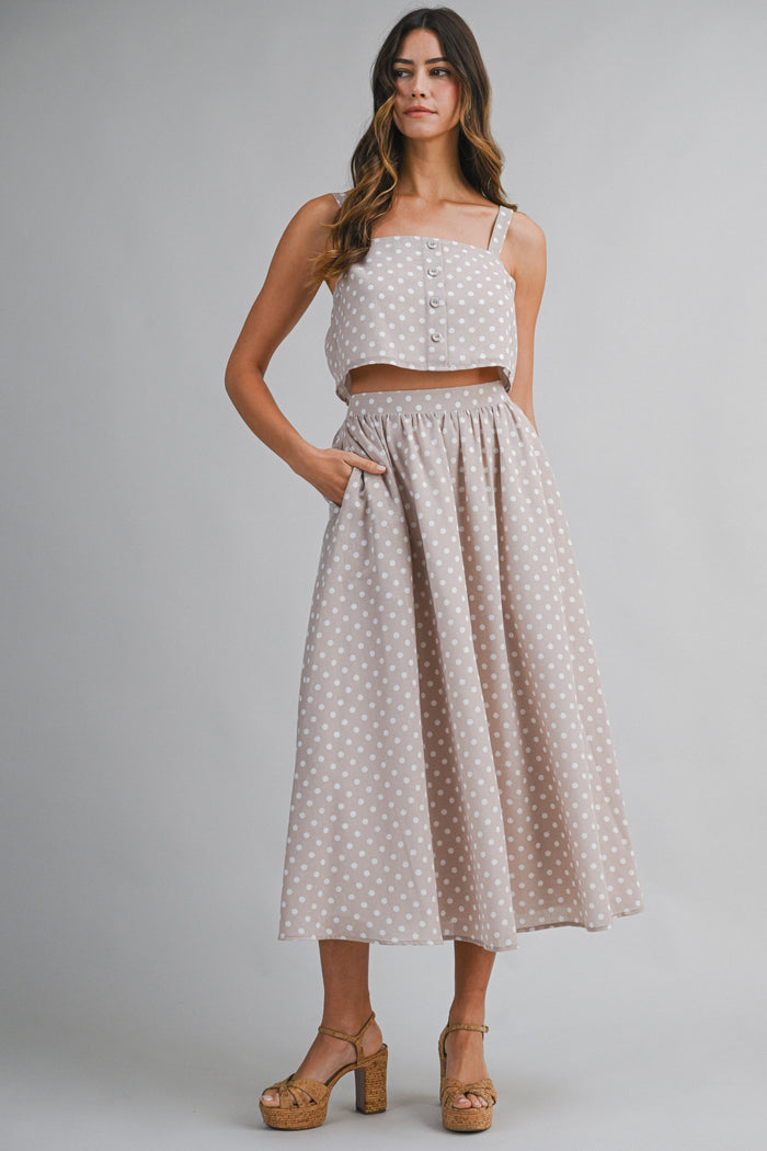 Mauve Polka Dot Crop Tank Midi Skirt Set