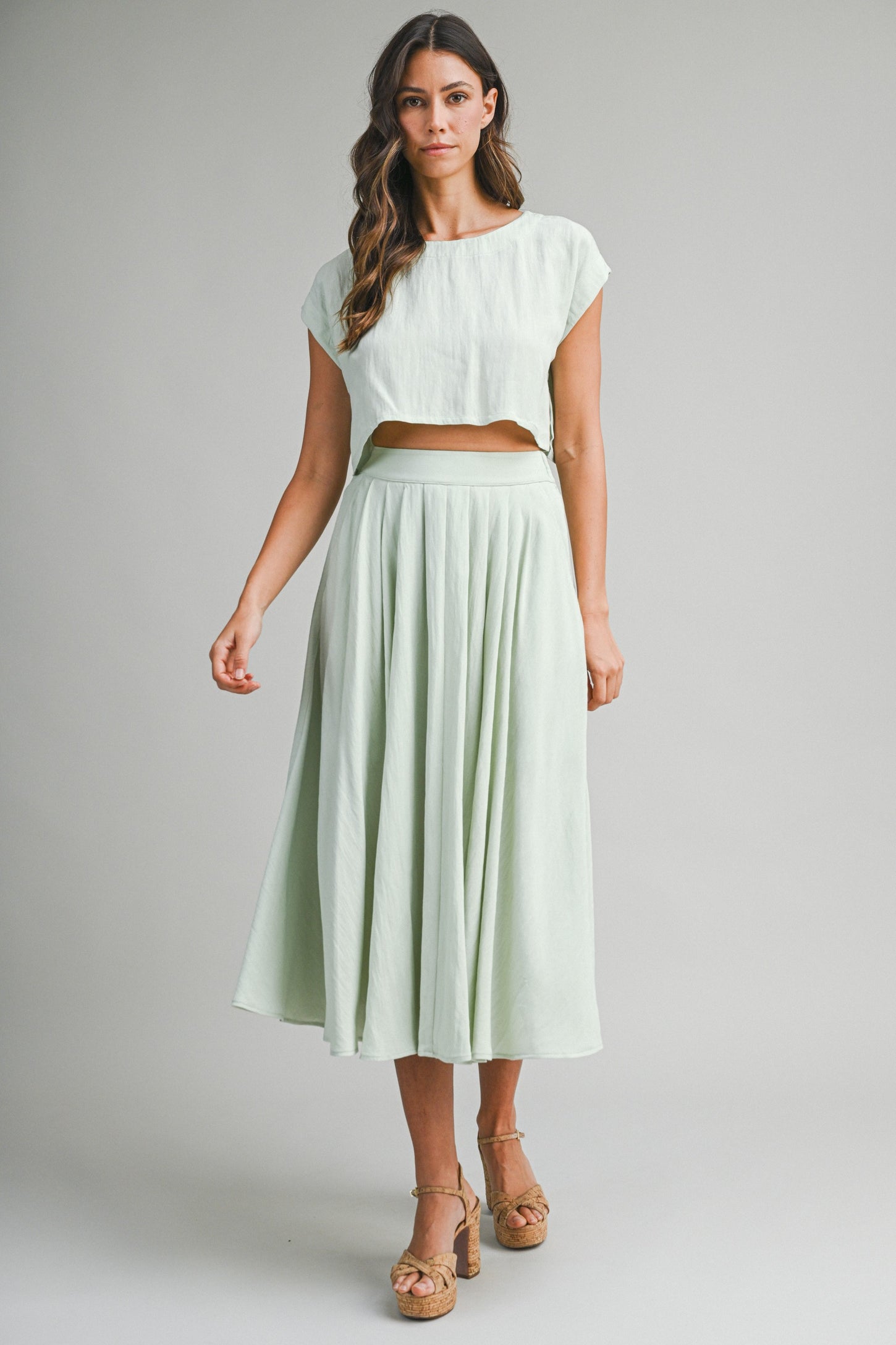 Sage Crop Top Midi Skirt Set
