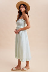 Sage Striped Smocked Ruffle Accent Midi Dress