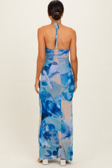 Blue Floral Halter Mesh Maxi Dress