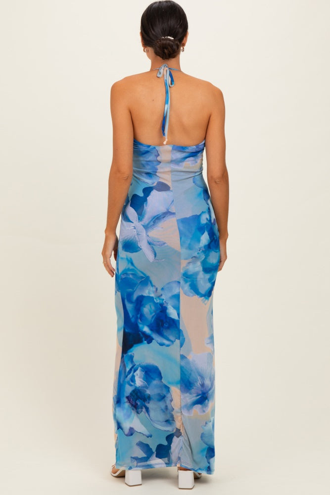 Blue Floral Halter Mesh Maxi Dress