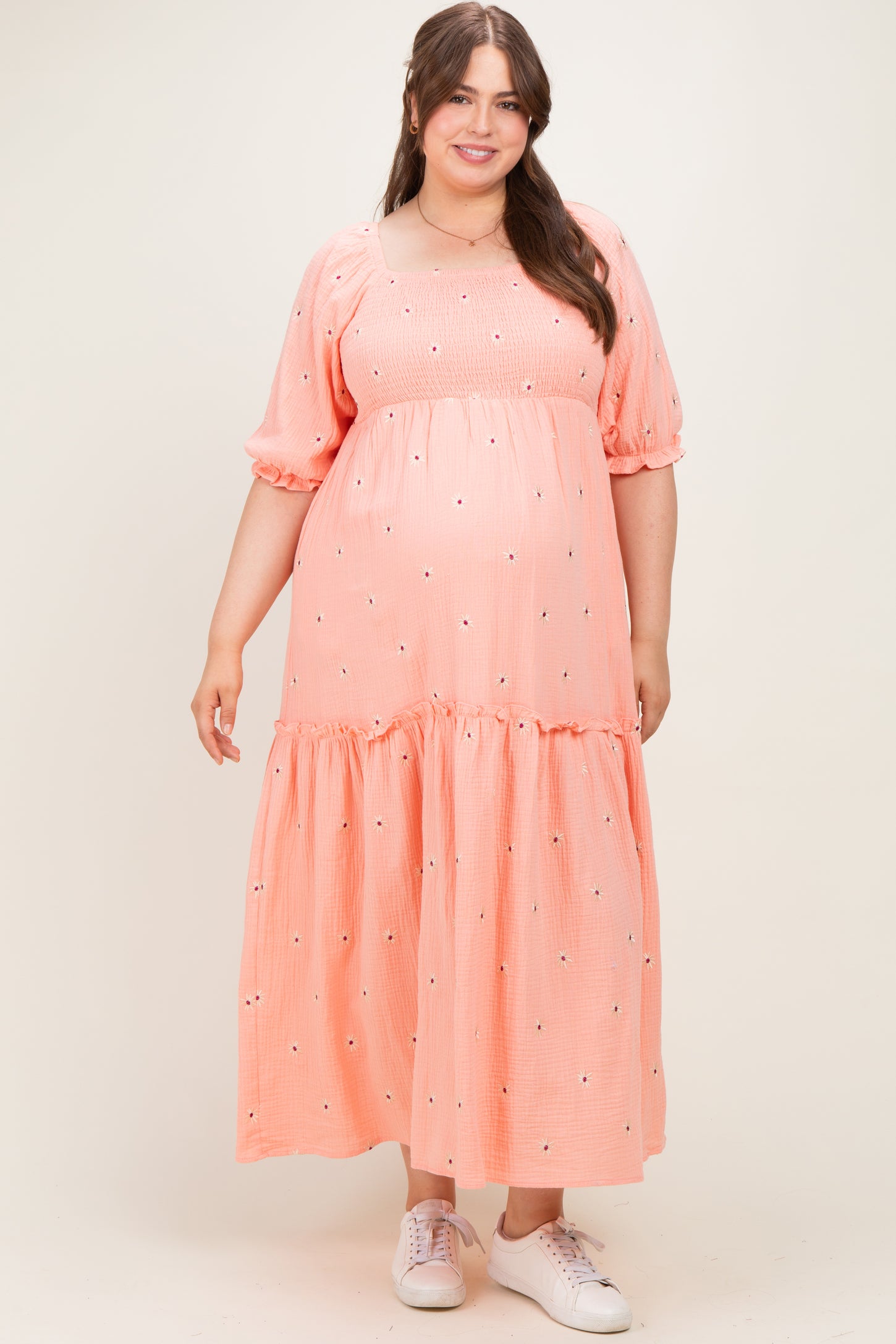 Light Pink Floral Smocked Puff Sleeve Plus Maternity Maxi Dress