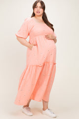 Light Pink Floral Smocked Puff Sleeve Plus Maternity Maxi Dress