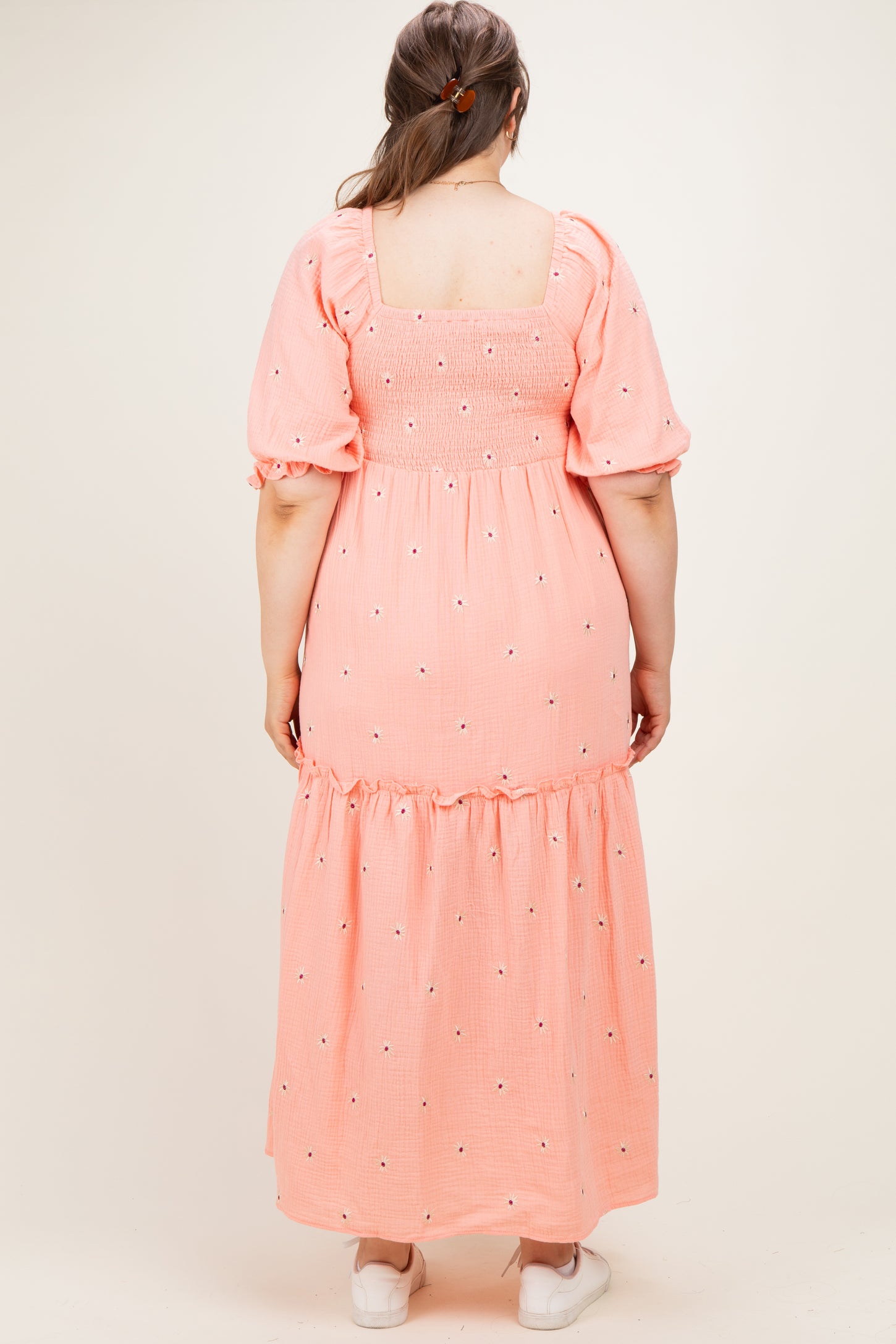 Light Pink Floral Smocked Puff Sleeve Plus Maternity Maxi Dress