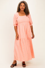 Light Pink Floral Smocked Puff Sleeve Plus Maternity Maxi Dress