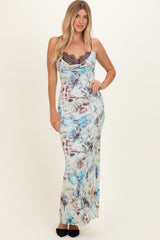 Light Blue Floral Lace Mesh Maxi Dress