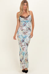 Light Blue Floral Lace Mesh Maxi Dress